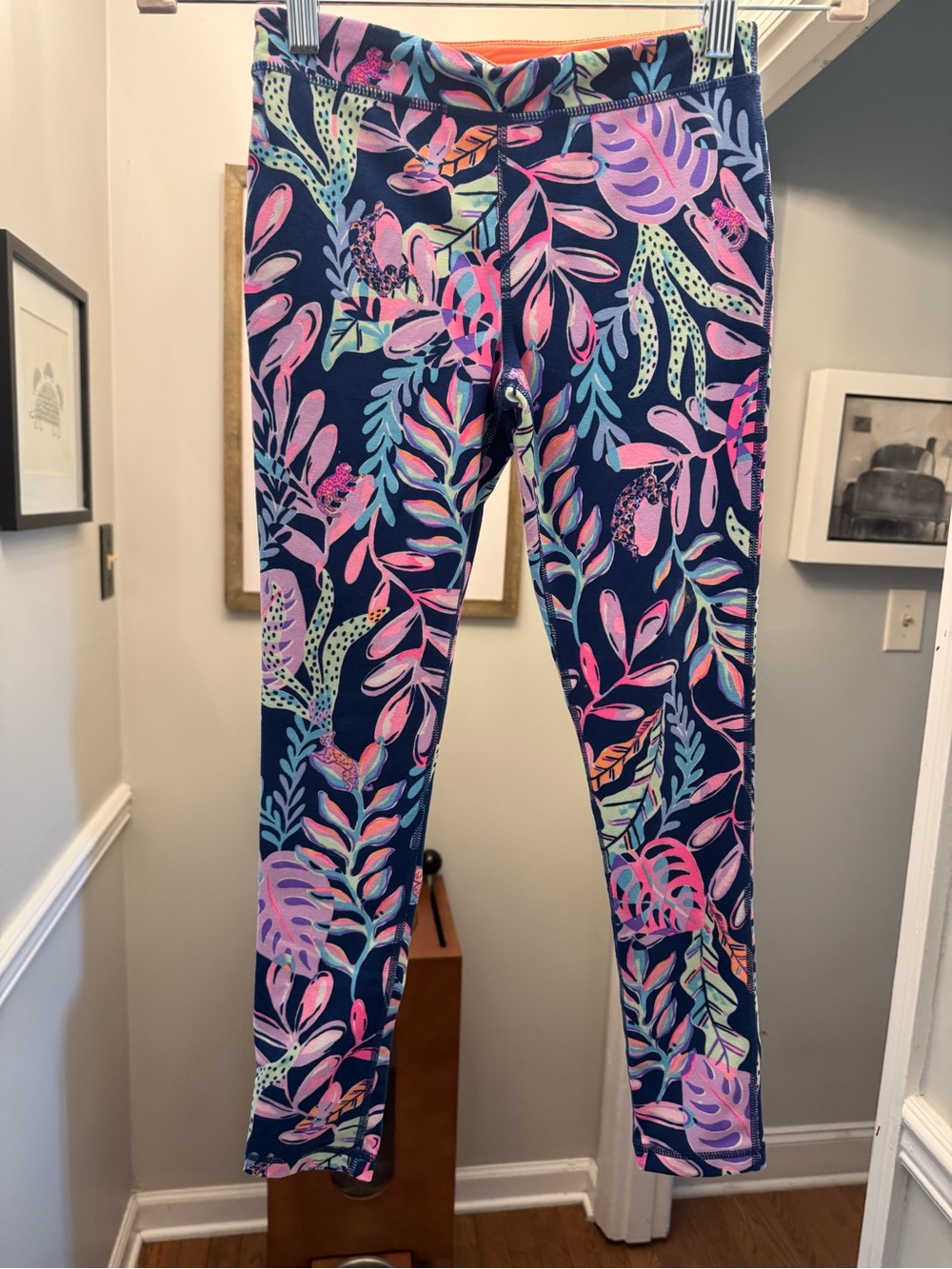 Lilly Pulitzer Blue Leggings with Pink Mint Leaf Print and Orange Waistband